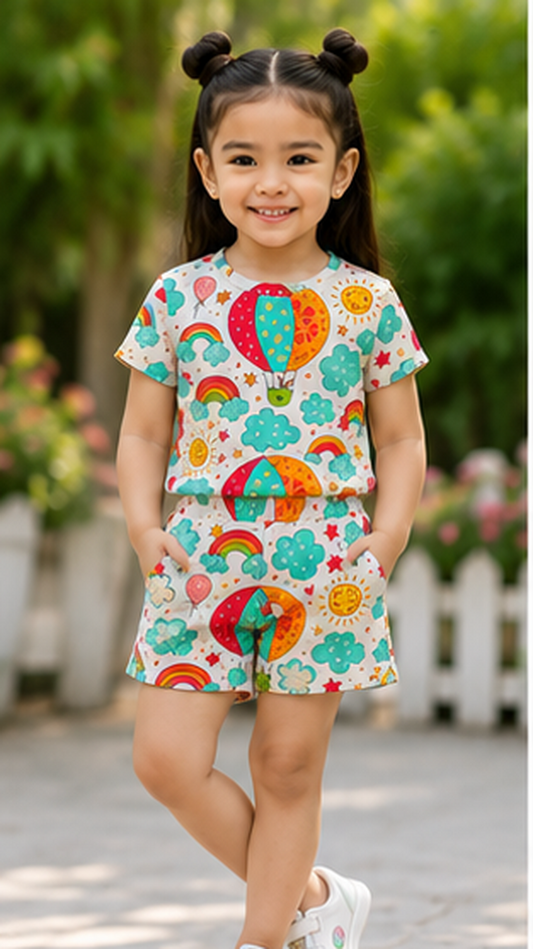 Rainbow Sky Balloon Print Kids Co-Ord Set – Cute Cloud & Sun Graphic T-Shirt & Shorts for Girls