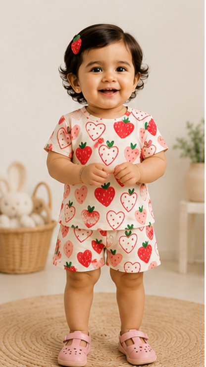Strawberry Heart Print Kids Co-Ord Set – Cute Cotton T-Shirt & Shorts for Girls