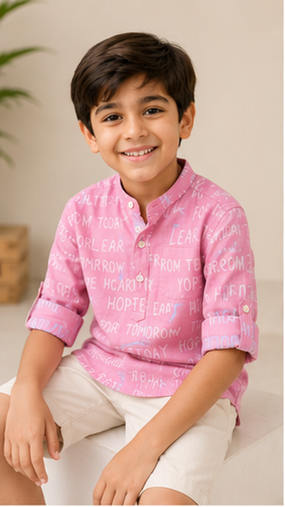 Boys Pink Typography Print Mandarin Collar Shirt (Full Sleeve)