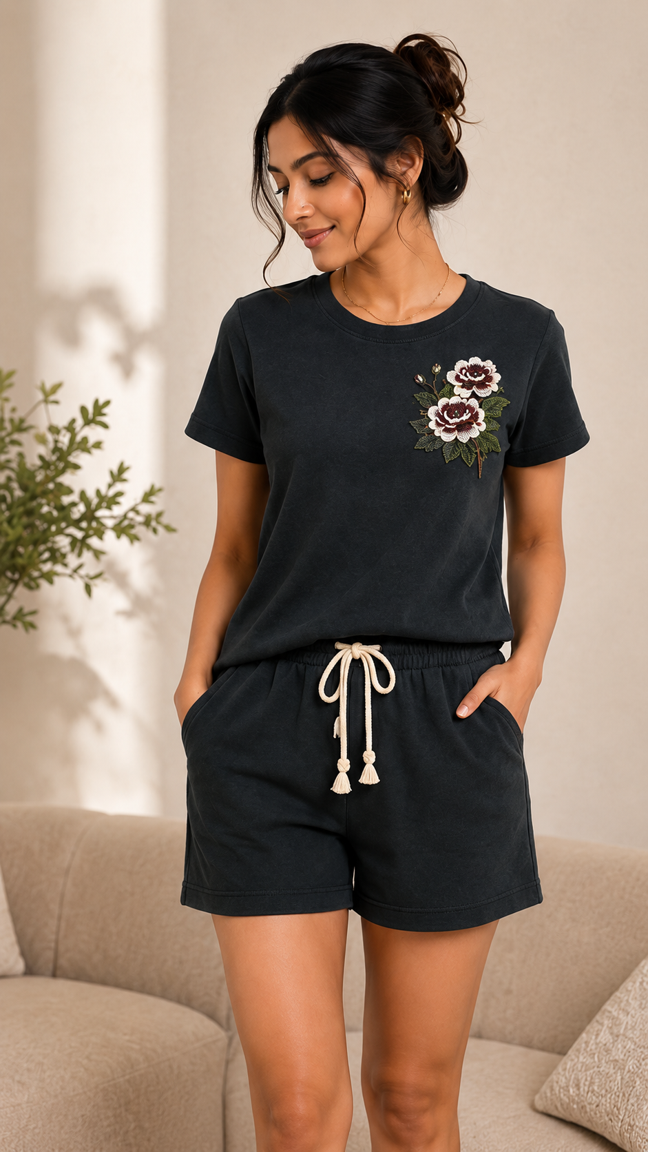 Women’s Black Floral Embroidered Co-Ord Set – Casual T-Shirt & Shorts Lounge Wear