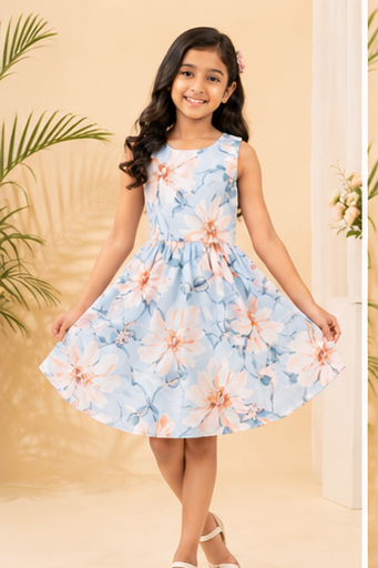 Girls Floral Fit & Flare Dress – Sky Blue with Soft Blossom Print