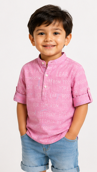 Boys Pink Typography Print Mandarin Collar Shirt (Full Sleeve)