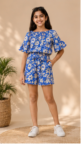 Girls Blue Floral Off-Shoulder Co-Ord Set – Summer Printed Top & Shorts