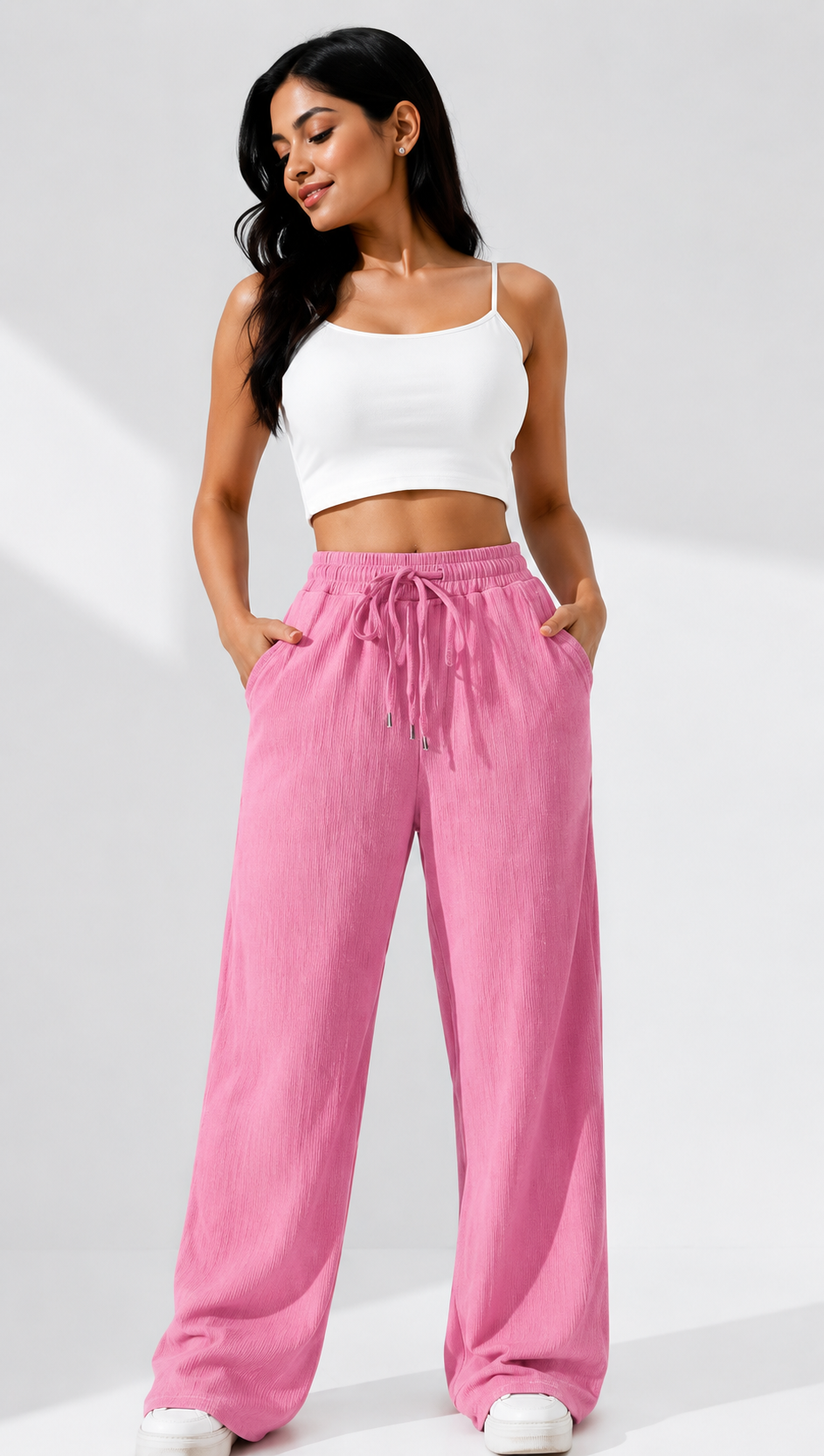 Pink Wide Leg Palazzo Pants for Women | Elastic Waist Crinkle Lounge Trousers