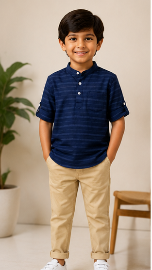 Boys Navy Blue Striped Mandarin Collar Shirt (Full Sleeve)