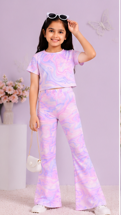 Girls Pastel Tie Dye Co-Ord Set | Kids Crop Top & Flared Pants Outfit | Trendy Casual Wear for Girls