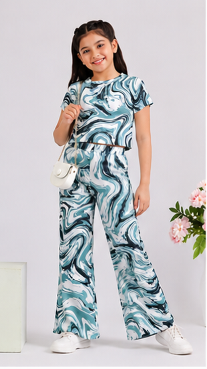 Girls Blue Marble Co-Ord Set | Kids Crop Top & Bell Bottom Pants Outfit | Trendy Western Wear for Girls