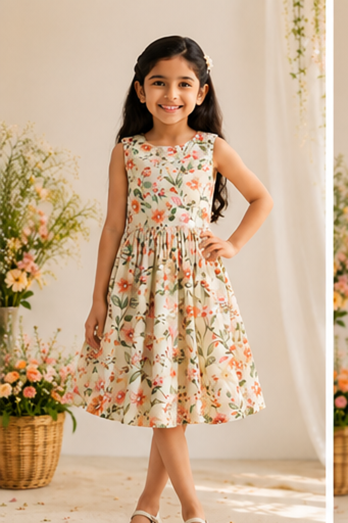 Girls Cream Floral Print Fit & Flare Dress (Sleeveless)