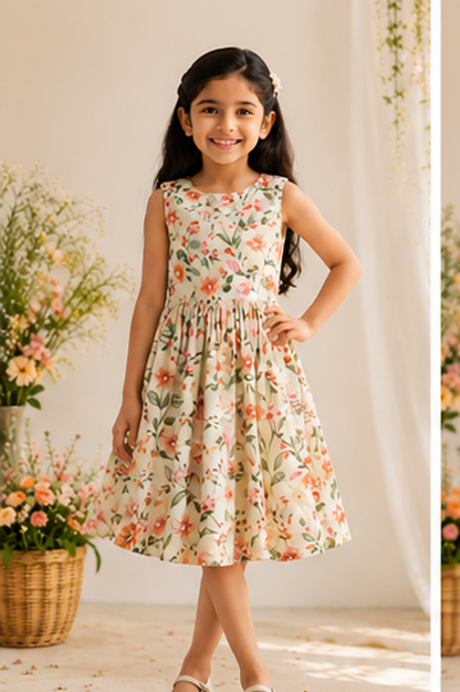 Girls Cream Floral Print Fit & Flare Dress (Sleeveless)