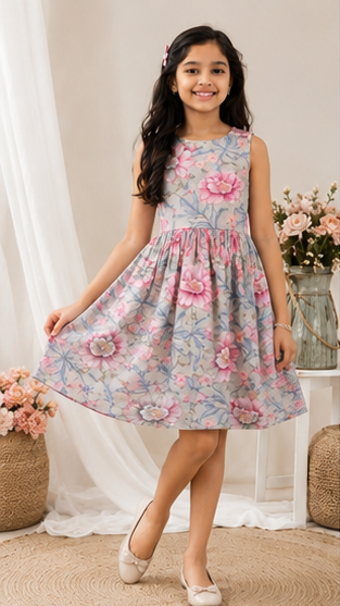 Girls Floral Fit & Flare Dress – Grey Base with Pink Blossom Print