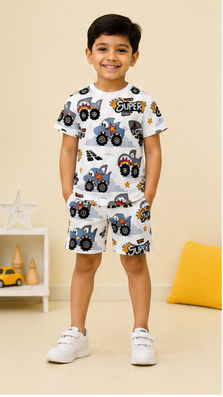 Super Truck Cartoon Print Kids Co-Ord Set – Cotton T-Shirt & Shorts Outfit for Boys