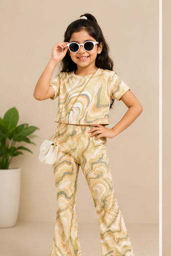Girls Beige Marble Co-Ord Set | Kids Crop Top & Flared Pants Outfit | Trendy Western Wear for Girls