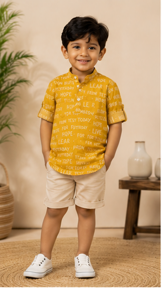 Boys Mustard Yellow Typography Print Mandarin Collar Shirt (Full Sleeve)
