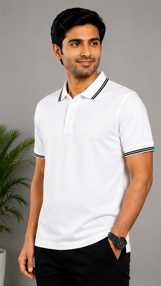Men’s Premium White Polo T-Shirt with Black Contrast Collar & Sleeve Stripes