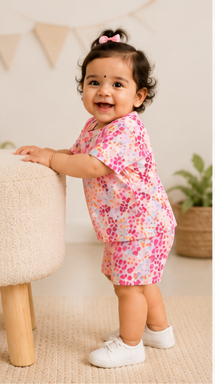 Abstract Animal Print Kids Co-Ord Set – Multicolor Leopard Style T-Shirt & Shorts for Girls