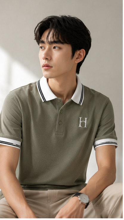 Men's Premium Olive Green Polo T-Shirt with White Contrast Collar | Smart Casual Half Sleeve Polo Tee