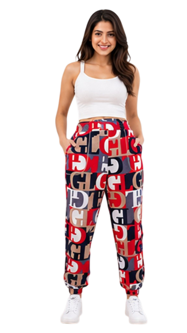 Women Red Printed Joggers – Stylish Typography Casual Lounge & Streetwear Pants