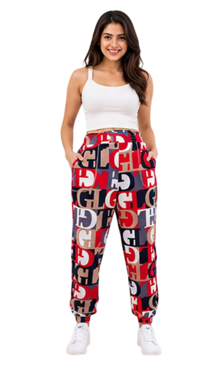 Women Red Printed Joggers – Stylish Typography Casual Lounge & Streetwear Pants