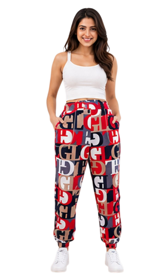 Women Red Printed Joggers – Stylish Typography Casual Lounge & Streetwear Pants