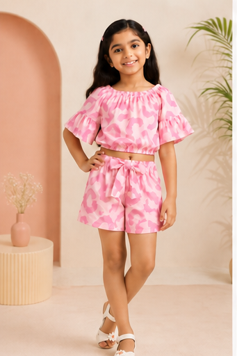 Girls Pink Leopard Print Off-Shoulder Co-ord Set with Tie-Up Shorts