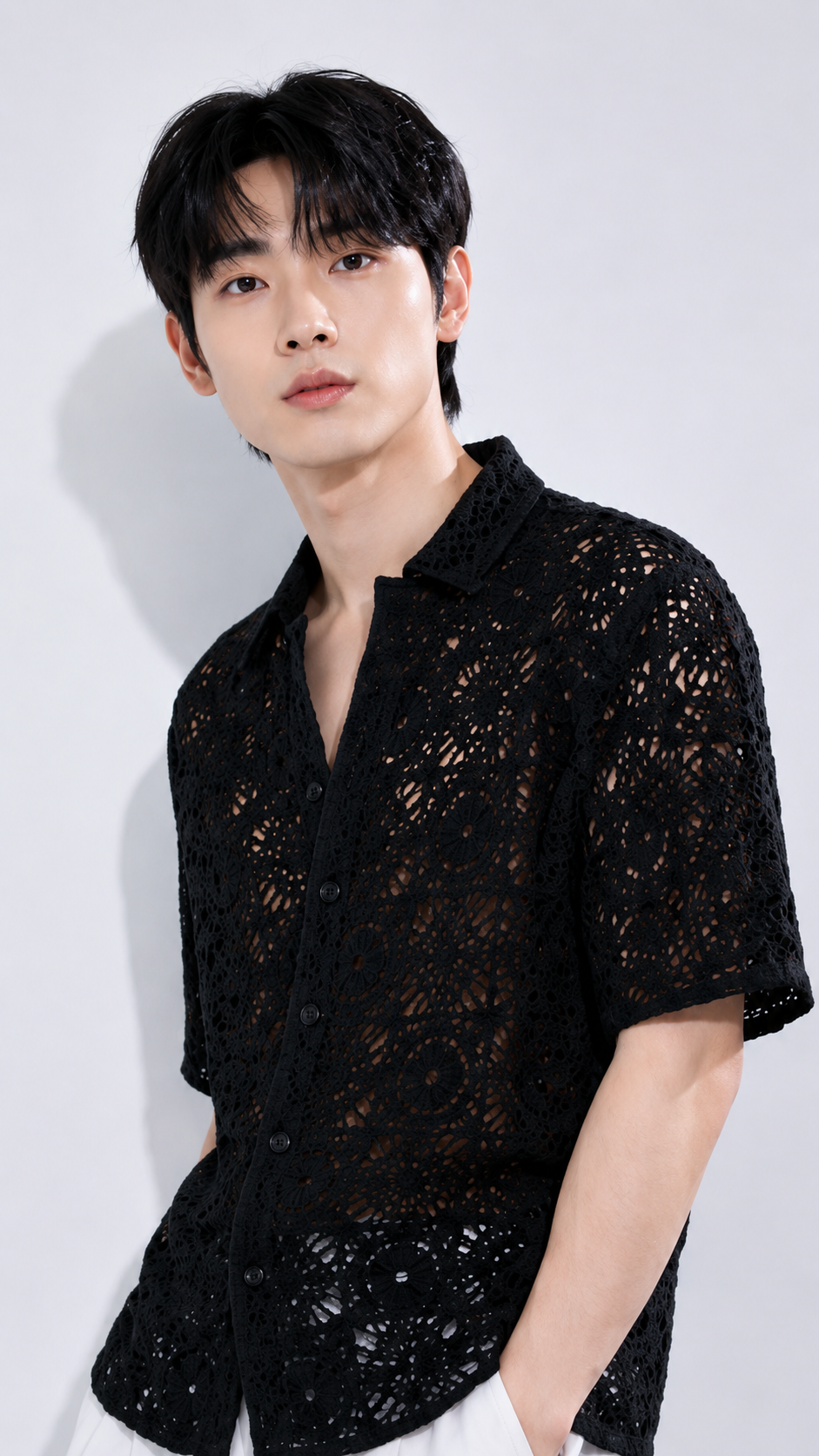 Men's Black Crochet Lace Knit Shirt – Premium Handmade Open Knit Resort Shirt