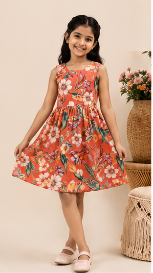 Girls Coral Floral Printed Sleeveless Dress – Soft Summer Kidswear