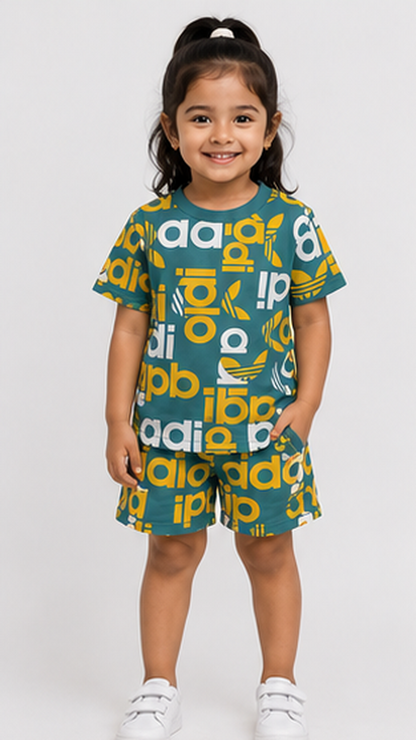 Teal Graphic Typography Kids Co-Ord Set – Bold Logo Style T-Shirt & Shorts for Girls