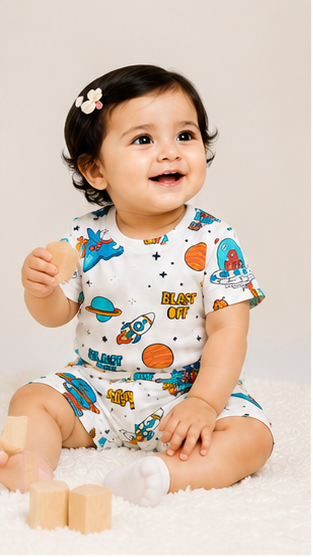 Space Rocket Print Kids Co-Ord Set – Blast Off Cotton T-Shirt & Shorts for Girls