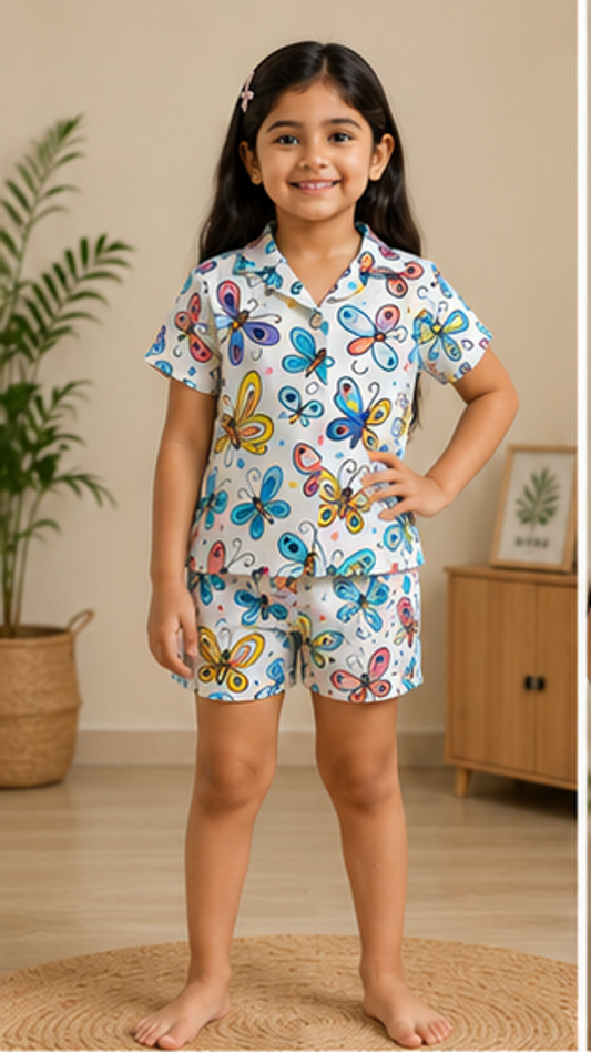 Butterfly Print Kids Co-Ord Set – Stylish Cotton Shirt & Shorts Set for Girls