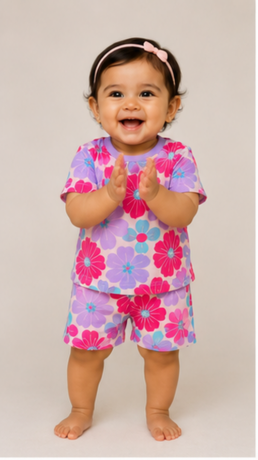 Bold Floral Kids Co-Ord Set – Pink & Purple Flower Printed T-Shirt & Shorts for Girls