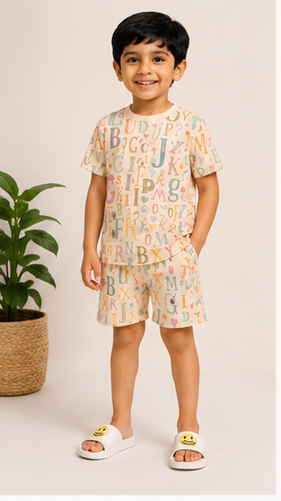Alphabet Print Kids Co-Ord Set – Educational Cotton T-Shirt & Shorts Summer Outfit for Boys & Girls