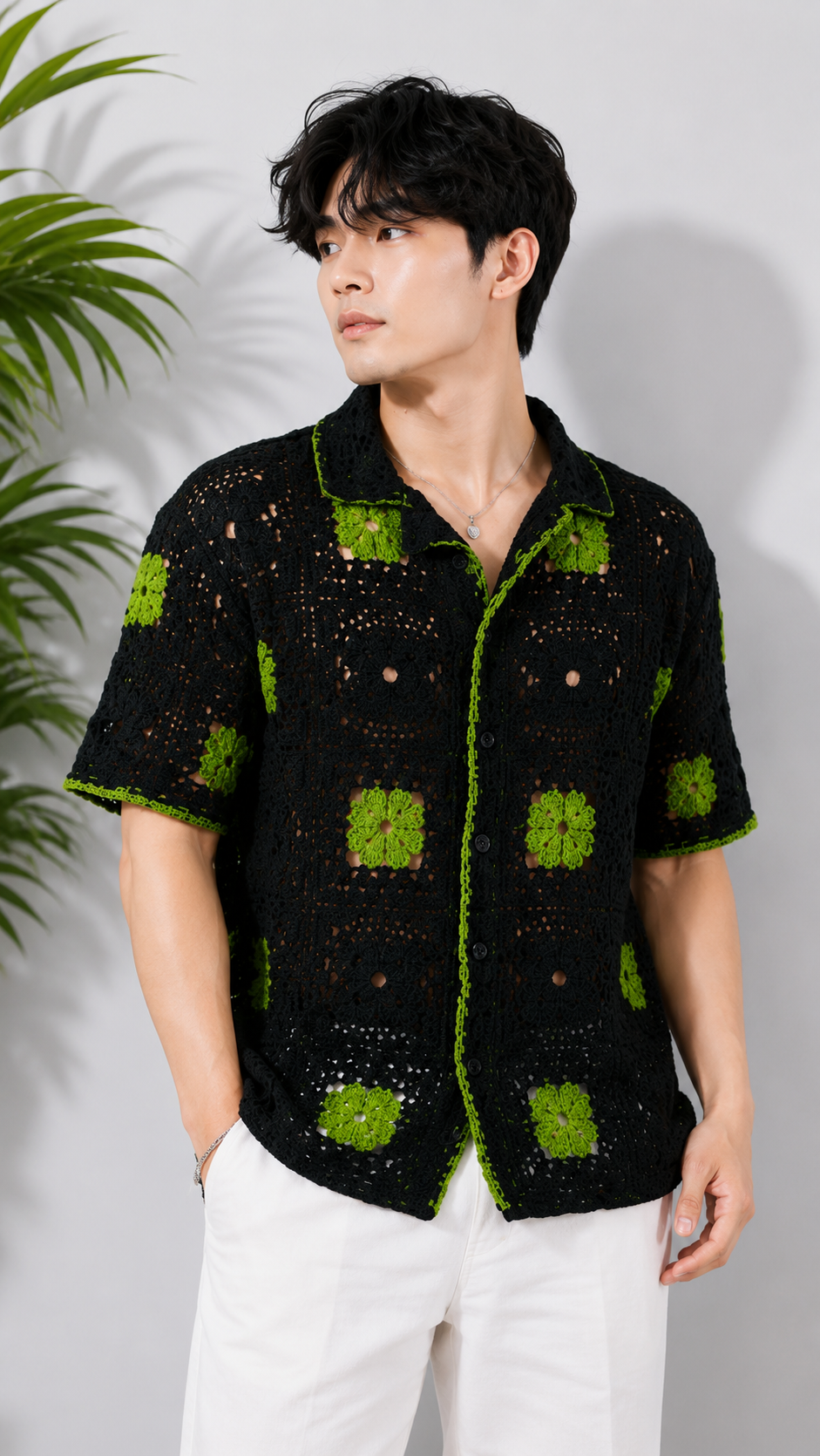 Men's Black & Olive Green Crochet Granny Square Shirt – Premium Handmade Resort Wear Knit Shirt