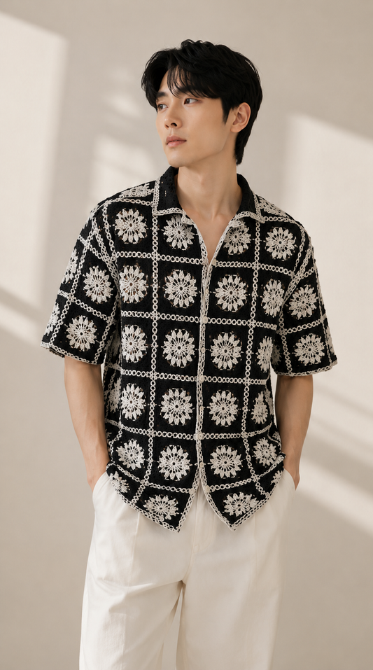Men's Black & White Crochet Floral Grid Shirt – Premium Handmade Knit Resort Wear Shirt