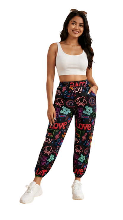 Women Black Neon Printed Joggers – Stylish Casual Lounge & Streetwear Pants