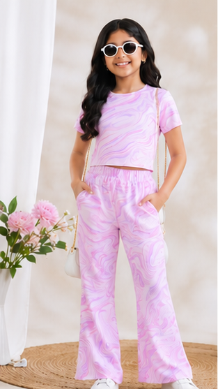 Girls Pink Marble Print Co-Ord Set | Kids Crop Top & Wide Leg Pants Outfit | Trendy Western Wear for Girls