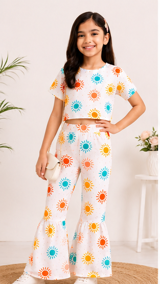 Girls Summer Sun Print Co-Ord Set | Kids Crop Top & Bell Bottom Pants Outfit | Trendy Casual Wear for Girls