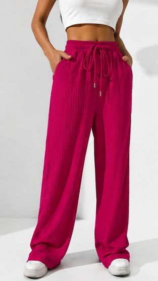 Fuchsia Pink Wide Leg Palazzo Pants for Women | Drawstring Elastic Waist Lounge Trousers