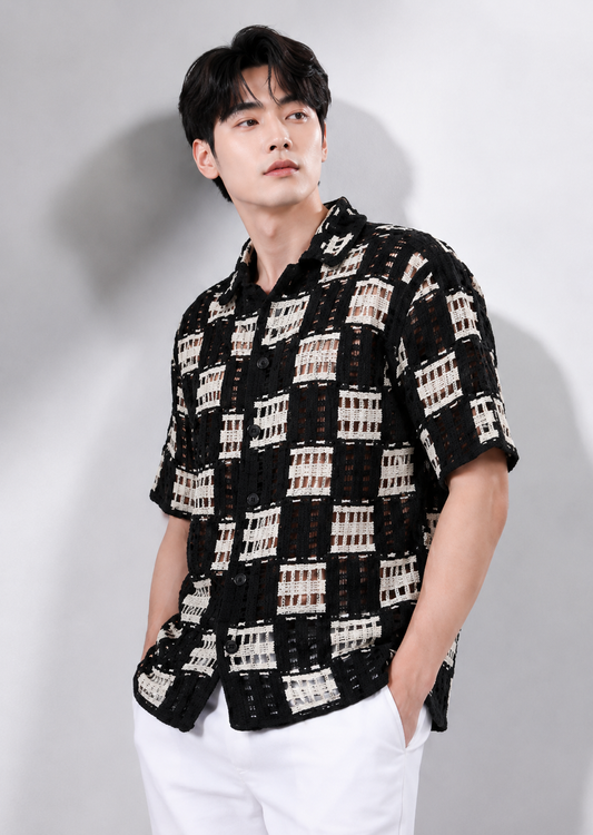 Men's Black & White Geometric Crochet Knit Shirt – Premium Handmade Resort Wear Shirt