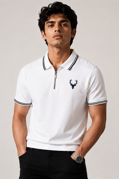 Horcun Men's Premium White Zip Polo T-Shirt | Quarter Zip Casual Polo