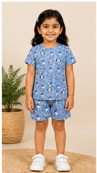 Blue Cartoon Dog Kids Co-Ord Set – Cute Character Print T-Shirt & Shorts for Girls