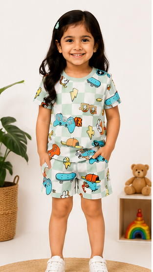 Urban Play Kids Co-Ord Set – Checkered Cartoon Printed T-Shirt & Shorts for Boys & Girls
