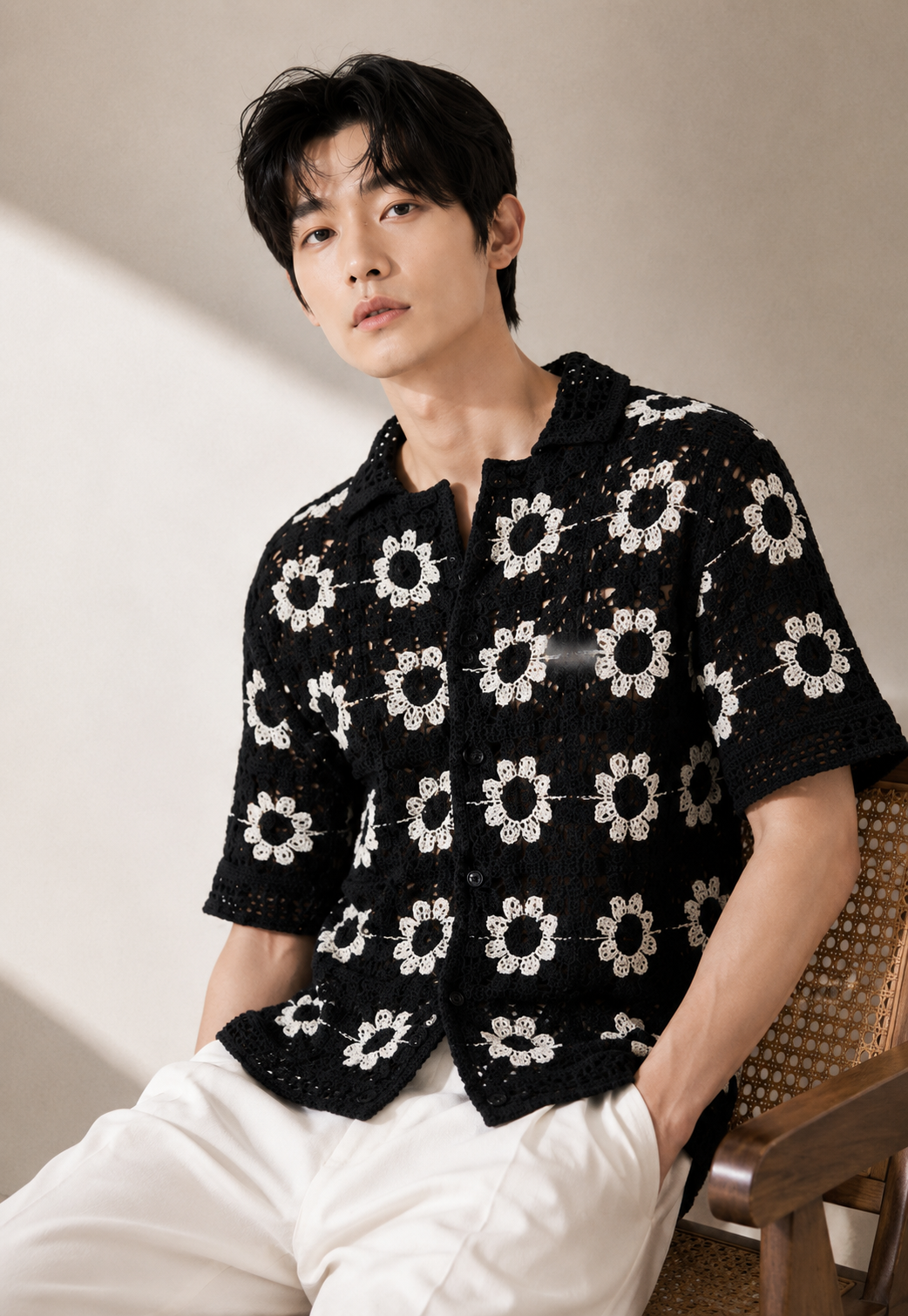 Men's Black Crochet Daisy Knit Shirt – Premium Handmade Floral Open Knit Resort Shirt