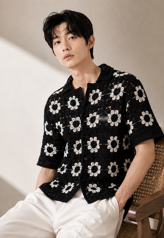 Men's Black Crochet Daisy Knit Shirt – Premium Handmade Floral Open Knit Resort Shirt