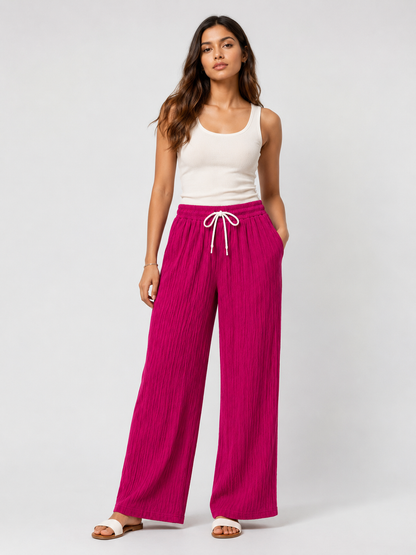 Fuchsia Pink Wide Leg Palazzo Pants for Women | Drawstring Elastic Waist Lounge Trousers