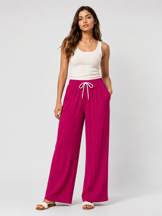 Fuchsia Pink Wide Leg Palazzo Pants for Women | Drawstring Elastic Waist Lounge Trousers