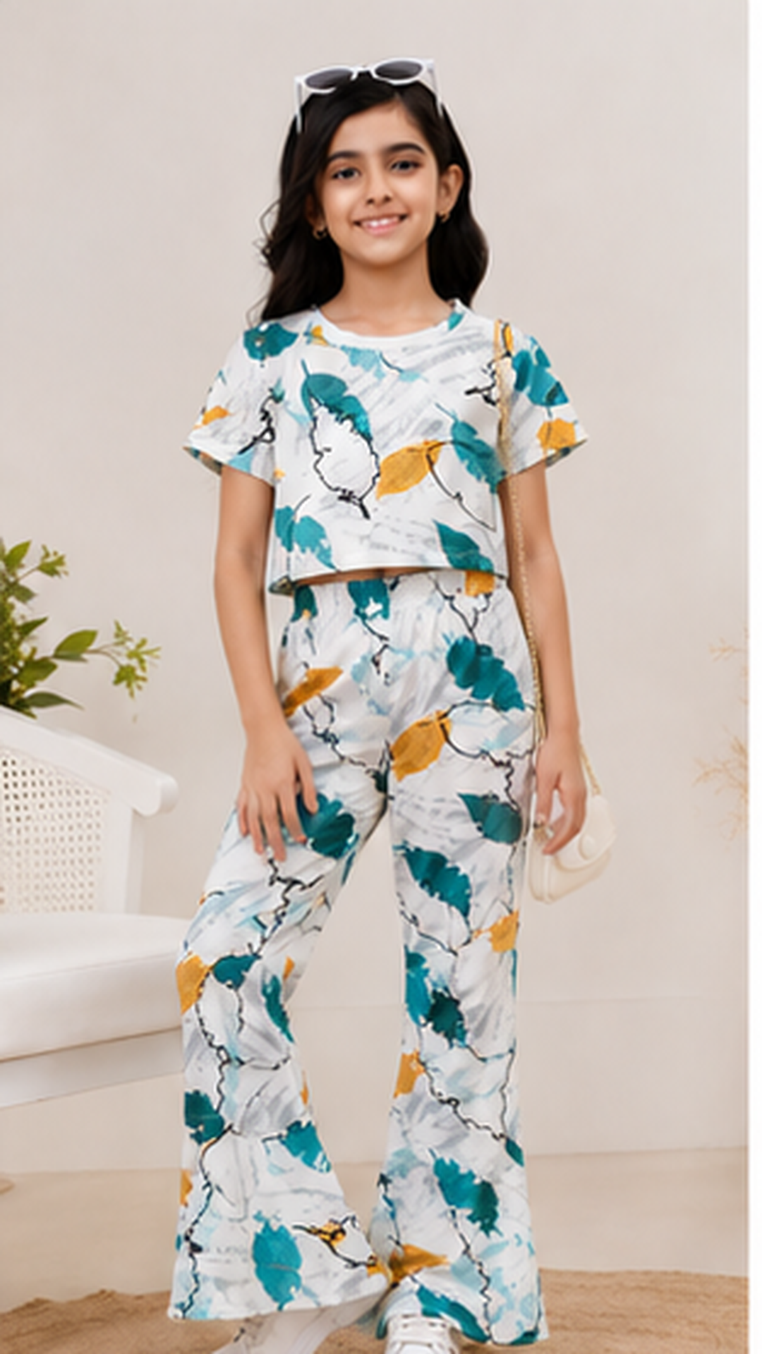 Girls Printed Co-Ord Set with Crop Top & Flared Pants | Stylish Kids Western Wear Outfit for Girls