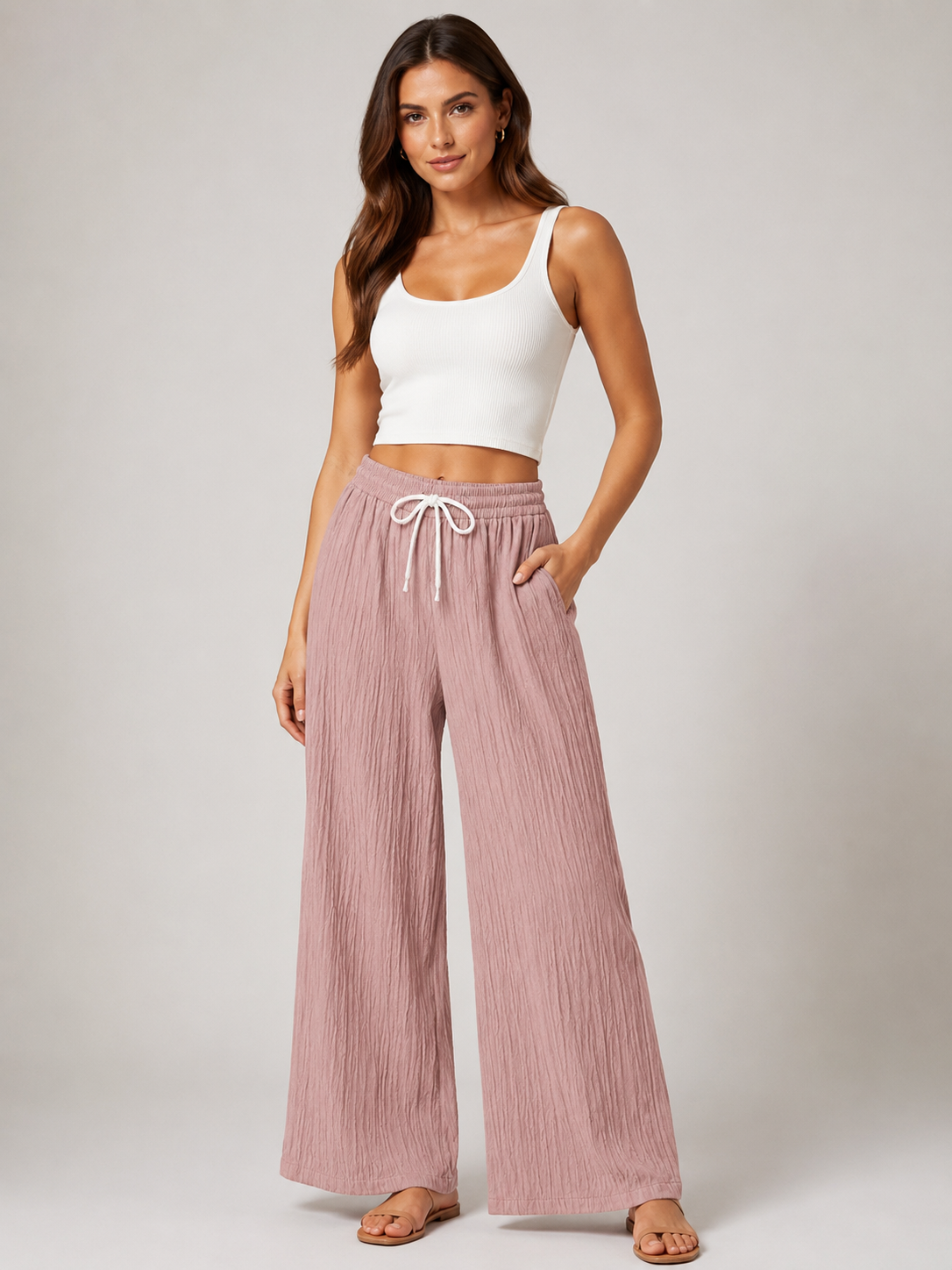 Dusty Rose Wide Leg Palazzo Pants for Women | Elastic Waist Crinkle Lounge Trousers