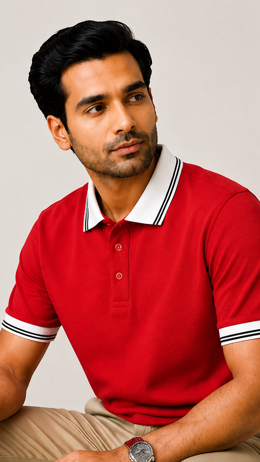 Men’s Premium Red Polo T-Shirt with White Contrast Collar & Sleeve Stripes