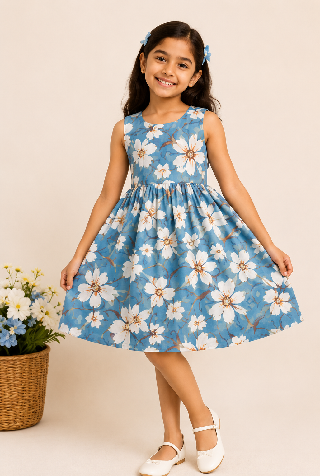 Girls Dusty Blue Floral Print Fit & Flare Dress (Sleeveless)