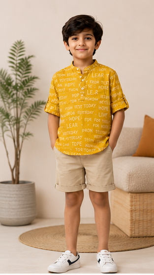 Boys Mustard Yellow Typography Print Mandarin Collar Shirt (Full Sleeve)